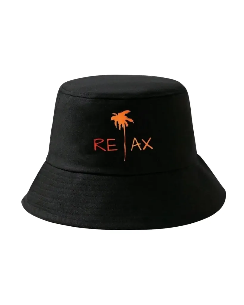 [SZ041] Sombrero negro de cubo con estampado RELAX 