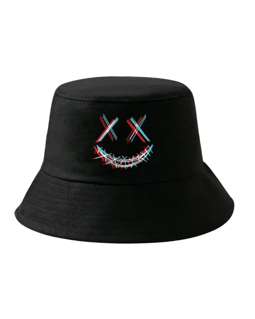 [SZ032] Sombrero negro de cubo con estampado de carita XX 