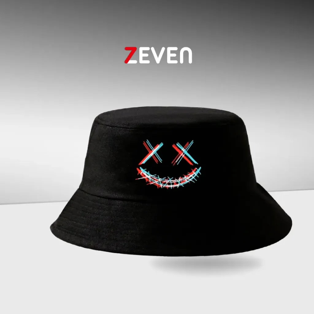 [SZ032] Sombrero negro de cubo con estampado de carita XX 