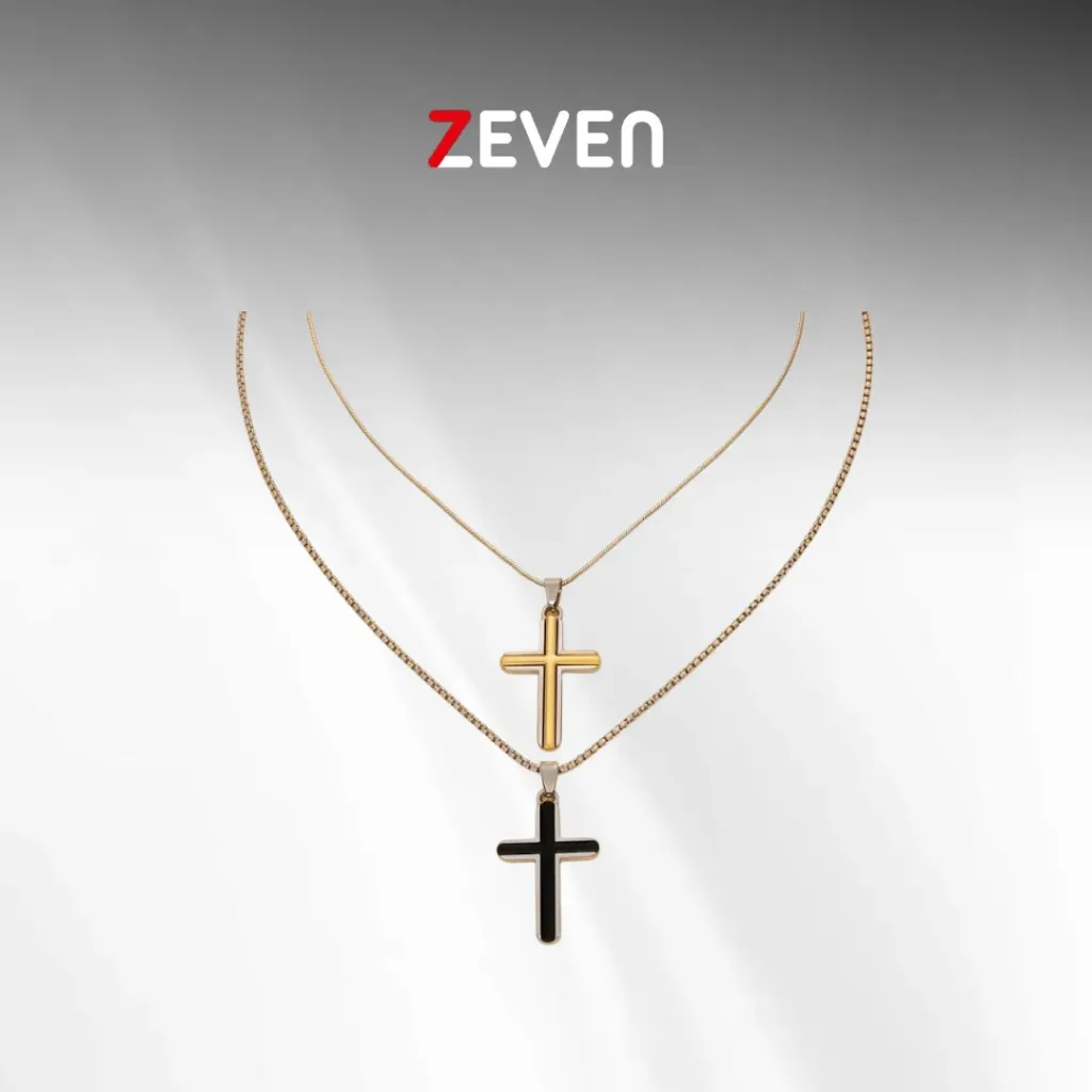 Collar con dije en forma de cruz negro y dorado