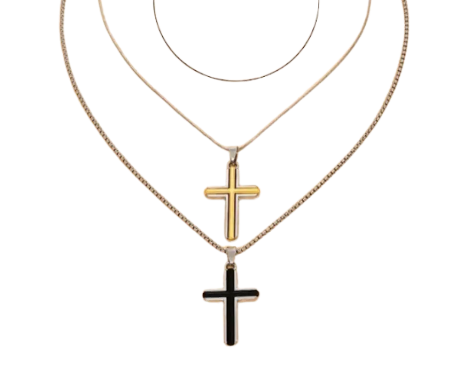 Collar con dije en forma de cruz negro y dorado