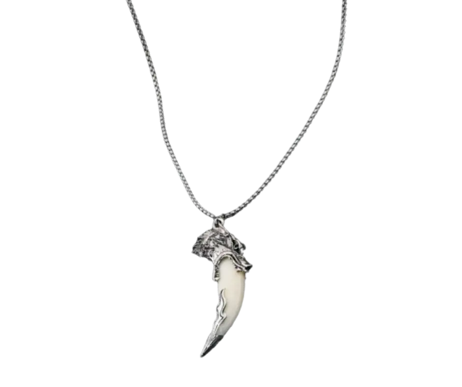 Collar con dije en forma de garra de animal blanco.