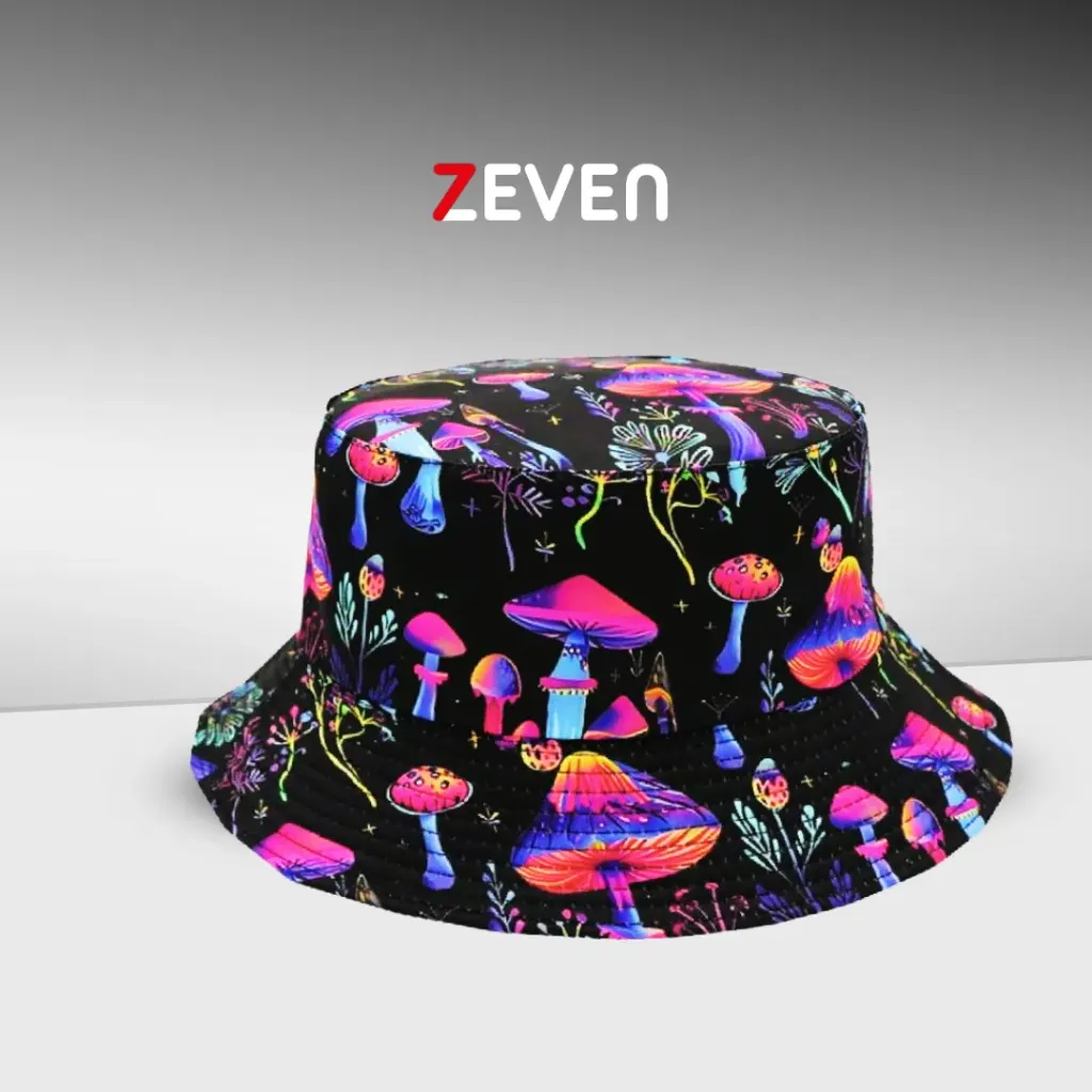 Sombrero de cubo reversible con diseño de setas de fantasía