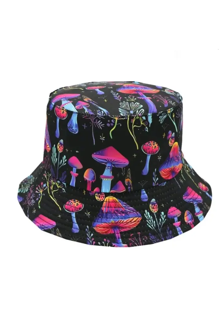 [SZ040] Sombrero de cubo reversible con diseño de setas de fantasía