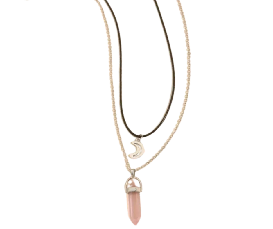 Set de collares con cuarzo rosado y dije de media luna