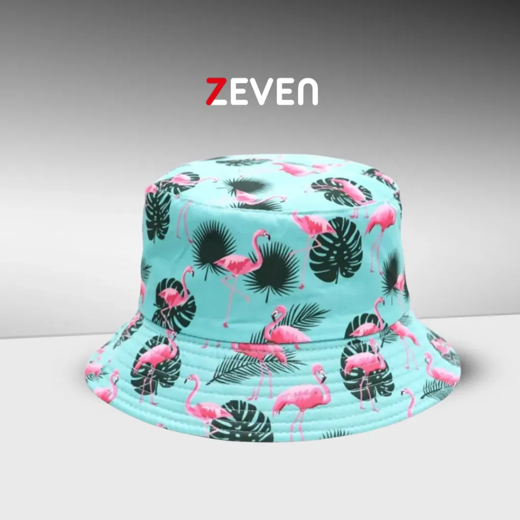 [SZ036] Sombrero de cubo reversible con diseño de flamenco de hoja azul