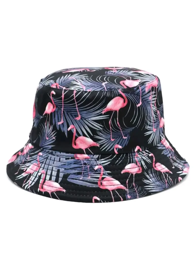 [SZ037] Sombrero de cubo reversible con diseño de flamenco de hoja
