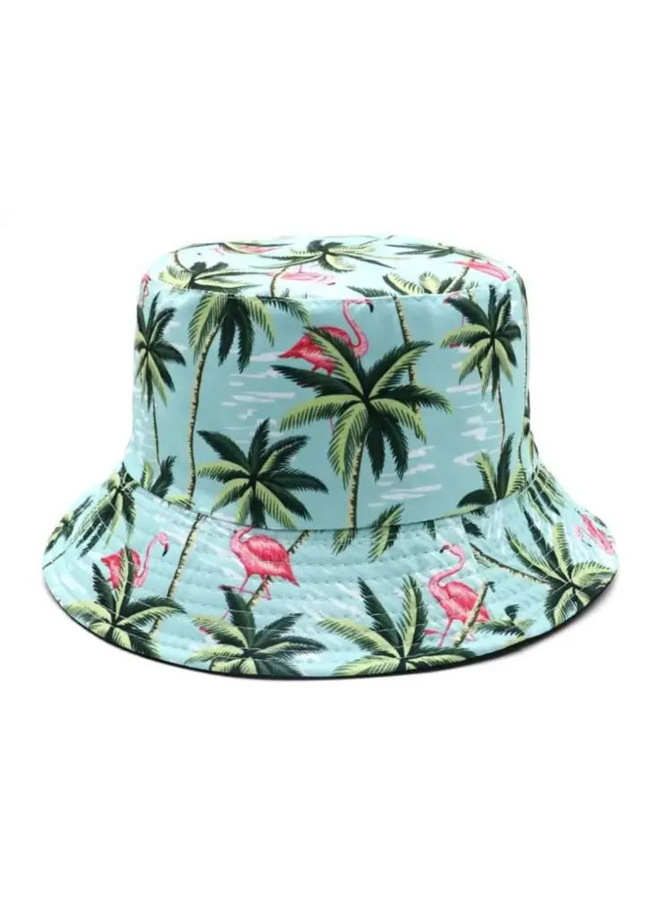 [SZ035] Sombrero de cubo reversible con diseño de cocoteros y flamencos