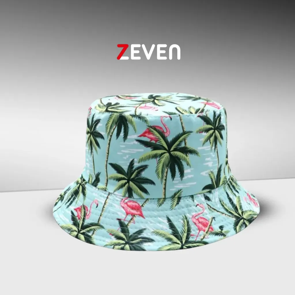 [SZ035] Sombrero de cubo reversible con diseño de cocoteros y flamencos
