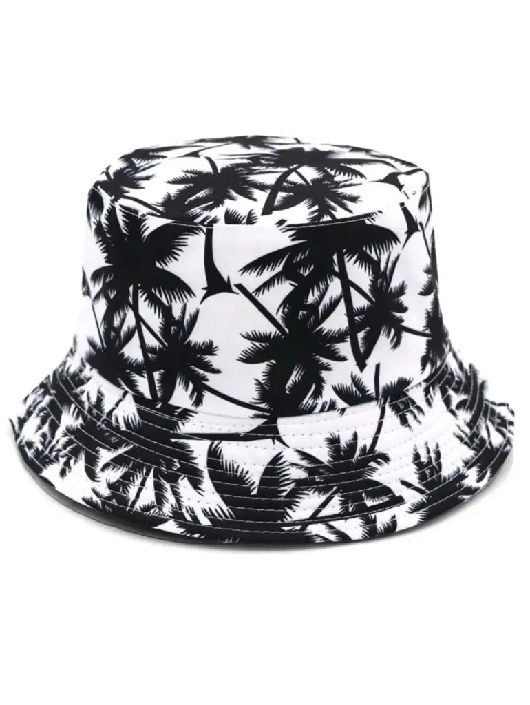 [SZ033] Sombrero de cubo blanco reversible con estampado de palmas
