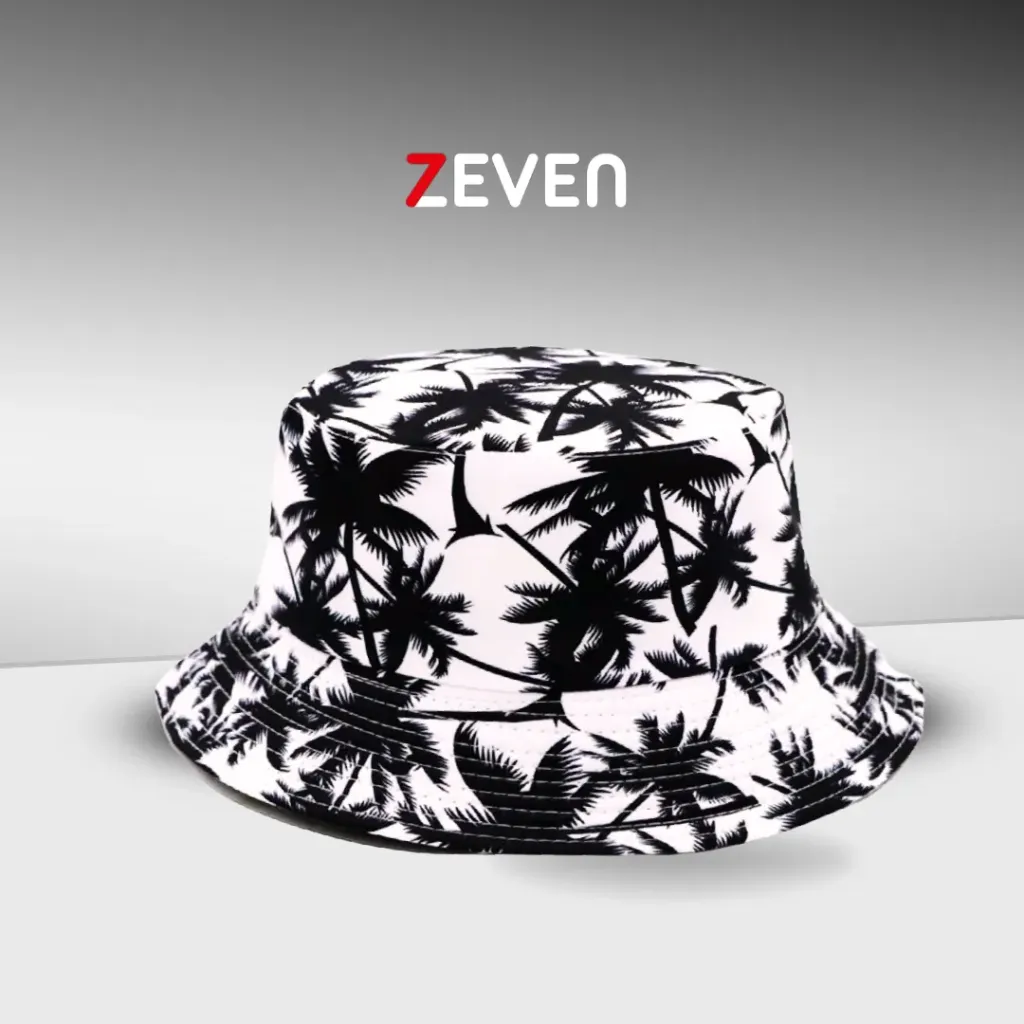Sombrero de cubo blanco reversible con estampado de palmas
