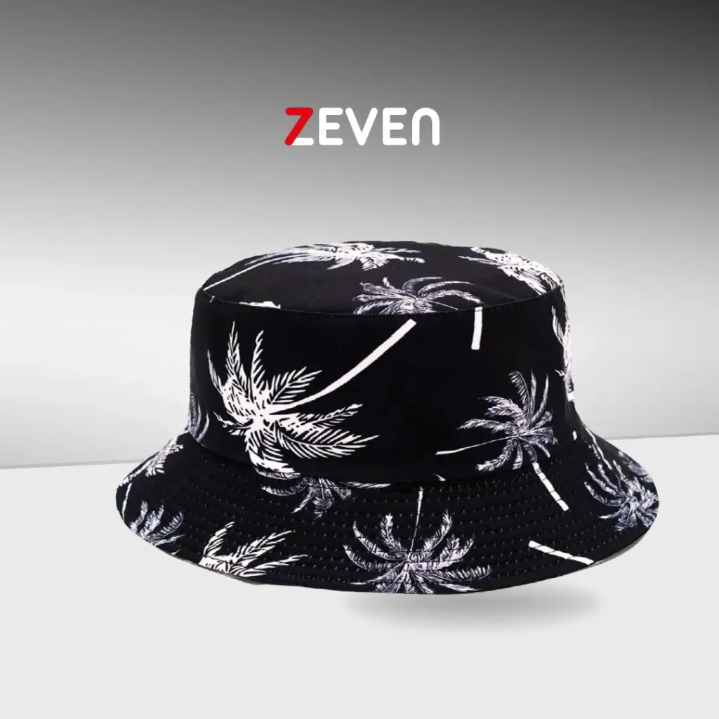 Sombrero negro de cubo reversible con estampado de palmeras