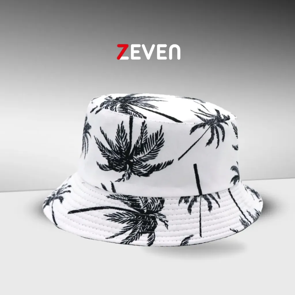 Sombrero blanco de cubo reversible con estampado de palmeras