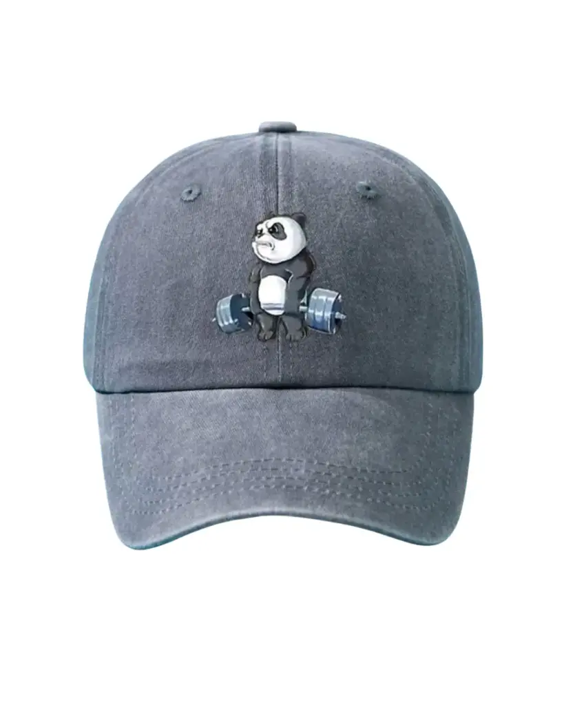 Gorra gris claro con panda y pesas