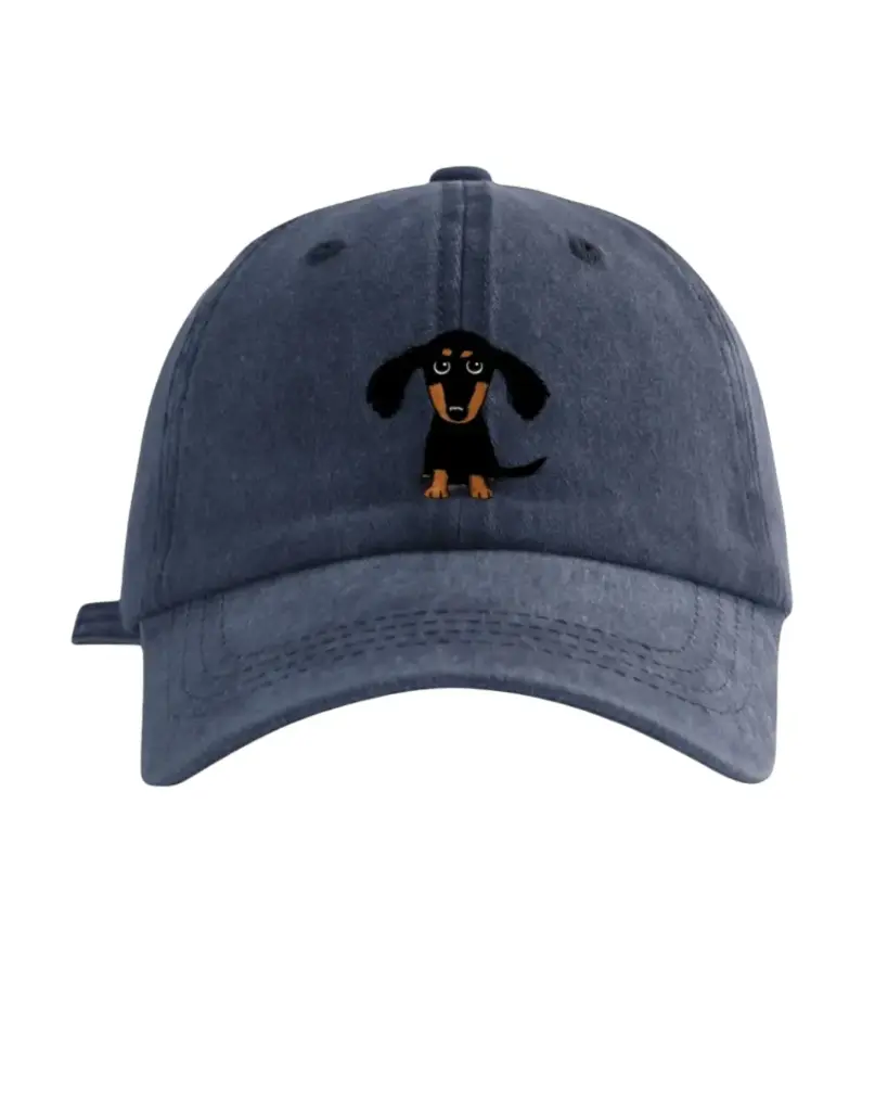 Gorra azul con perro salchicha