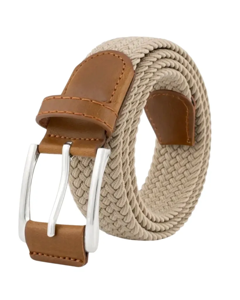 [CZ011] Cinturón trenzado beige con hebilla rectangular metálica