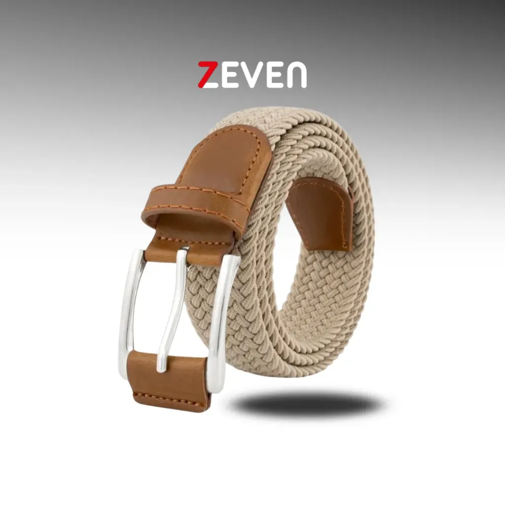 Cinturón trenzado beige con hebilla rectangular metálica