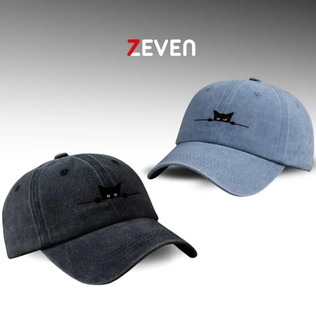 Gorras negra y azul con gato