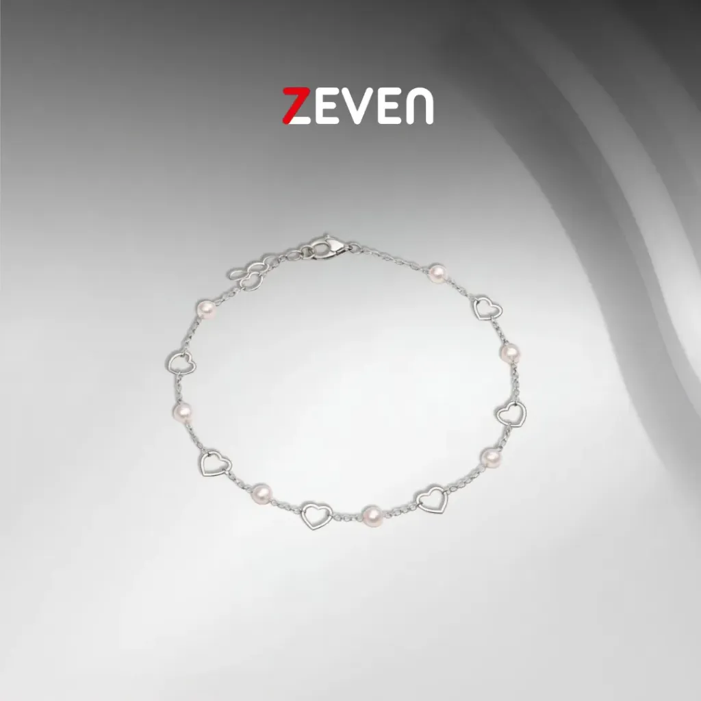 Tobillera de acero plateado corazones y perlas