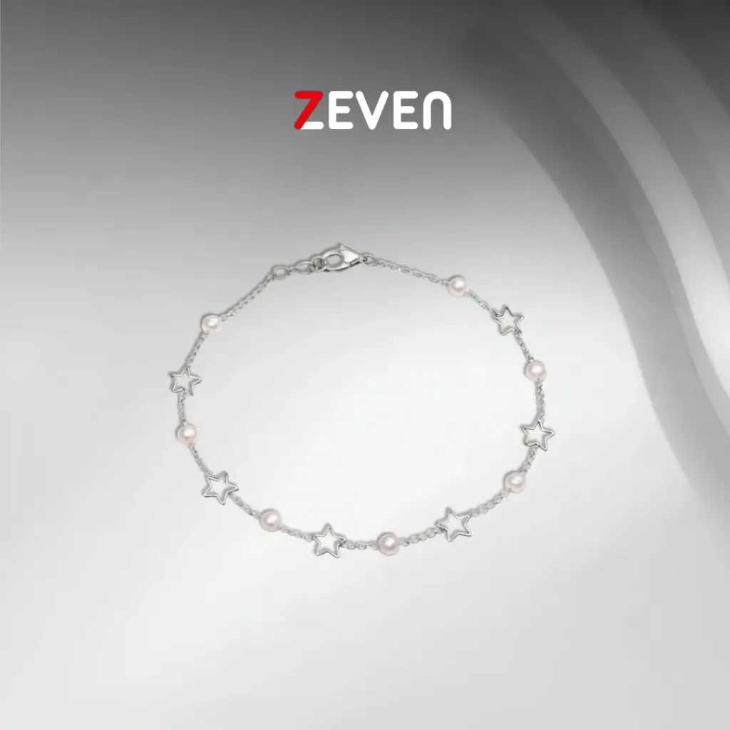 Tobillera de acero palteado estrellas y perlas