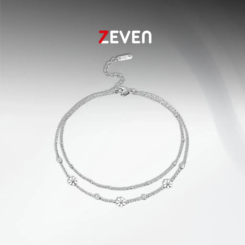 Tobillera doble con margaritas de acero plateado