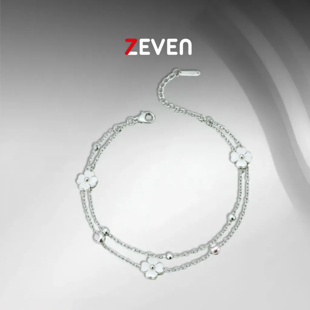 Tobillera doble de acero con dijes de trébol de cuatro hojas