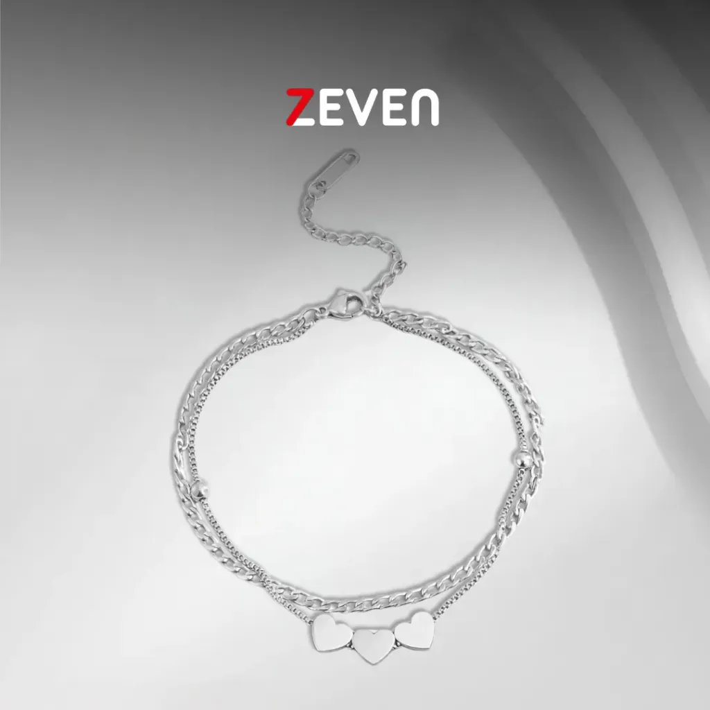 Tobillera doble trenzado de acero con dijes de corazones