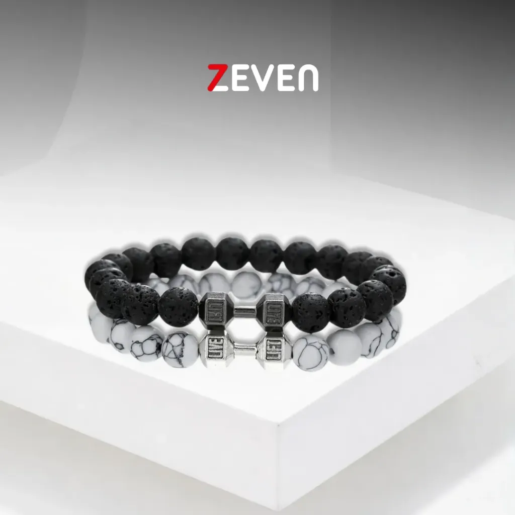 Set de pulsera blanco y negro con dije de mancuerna "LIVE/LIFT"