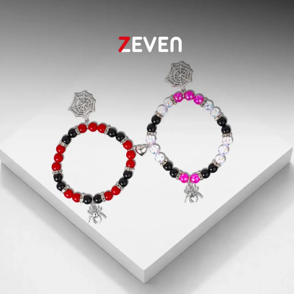 Set de pulsera magnética rojo y rosa con dije de araña