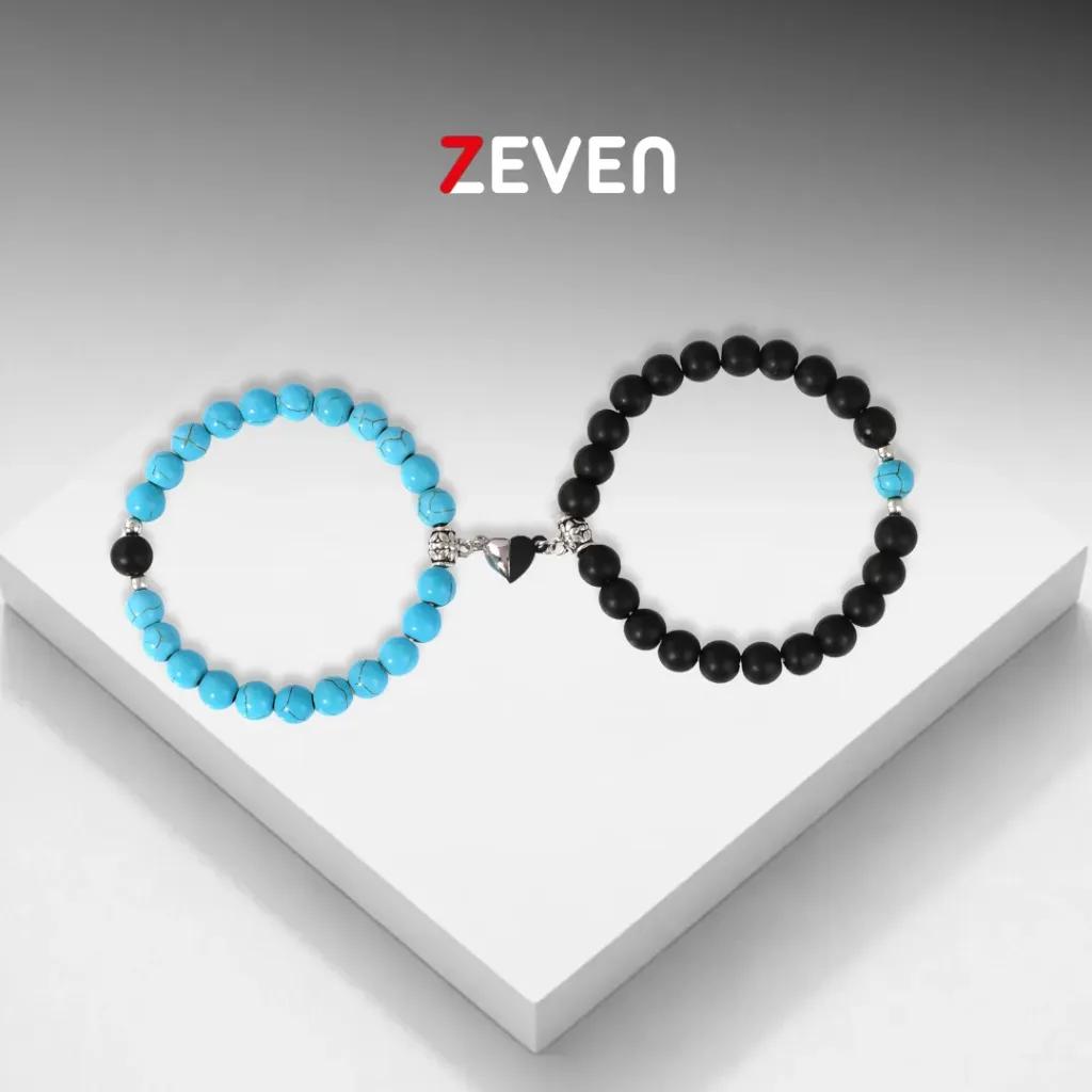 [PZ025] Set de pulsera celeste y negro con dije de corazón magnético