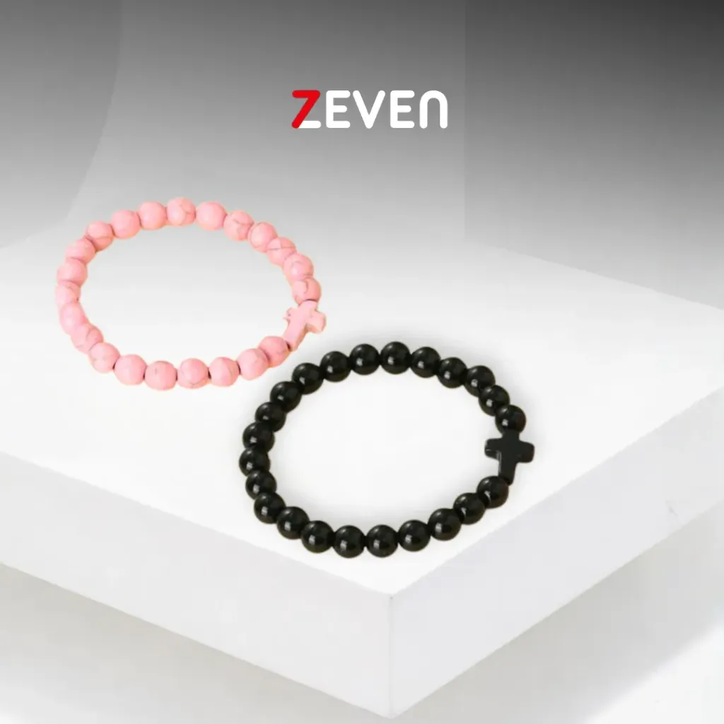 [PZ030] Set de pulsera rosa y negra con dije de cruz