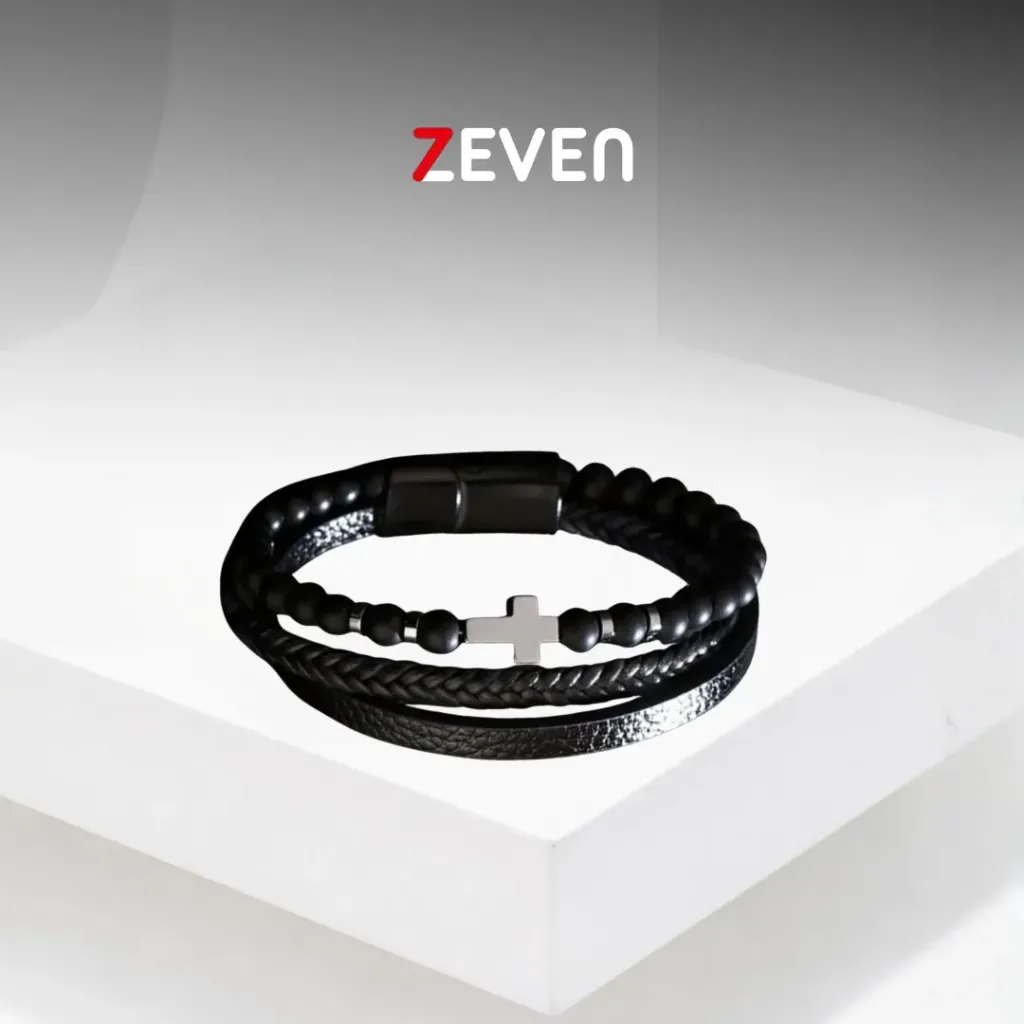 Pulsera trenzada de cuero negro con dije de CRUZ