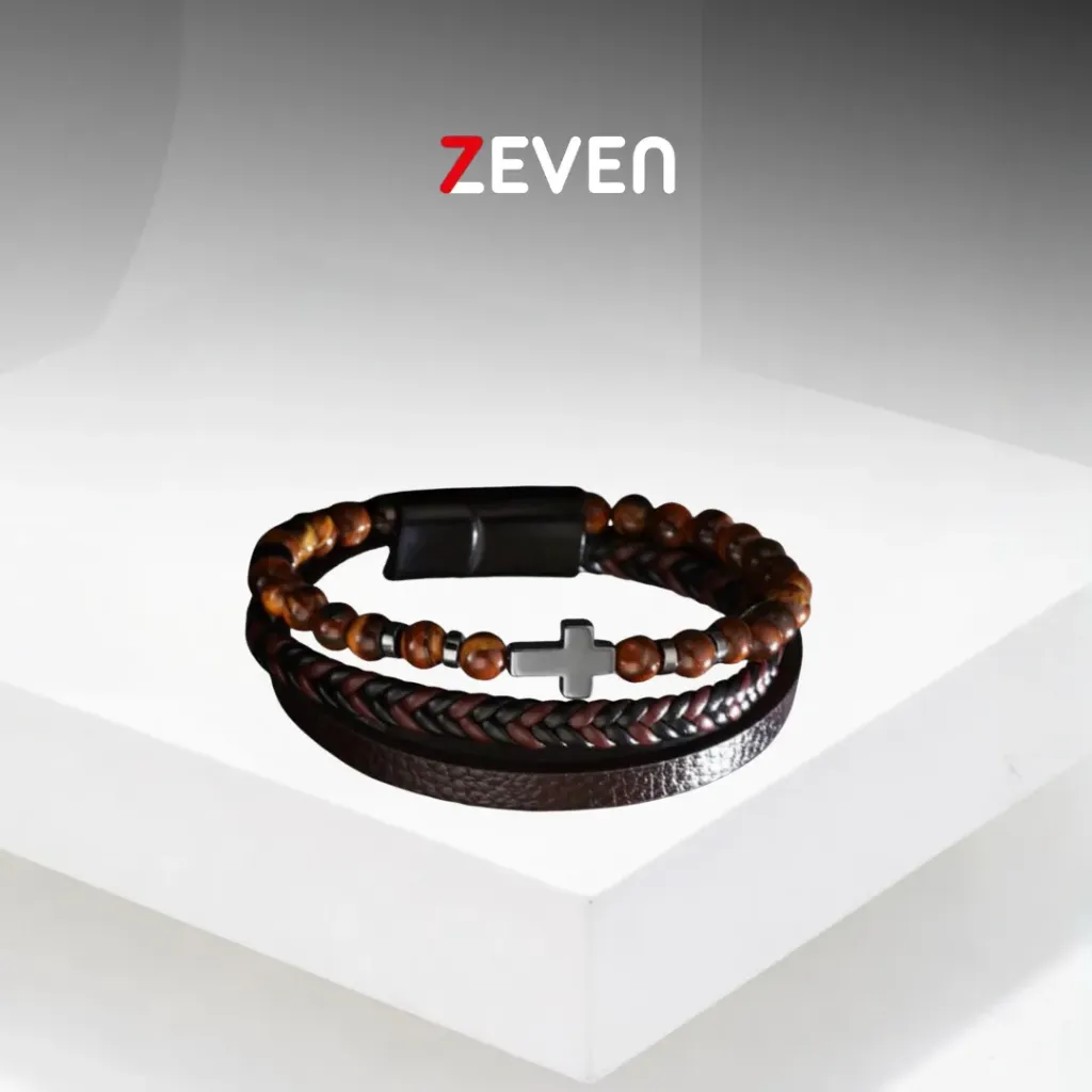 Pulsera trenzada de cuero cafe con dije de CRUZ