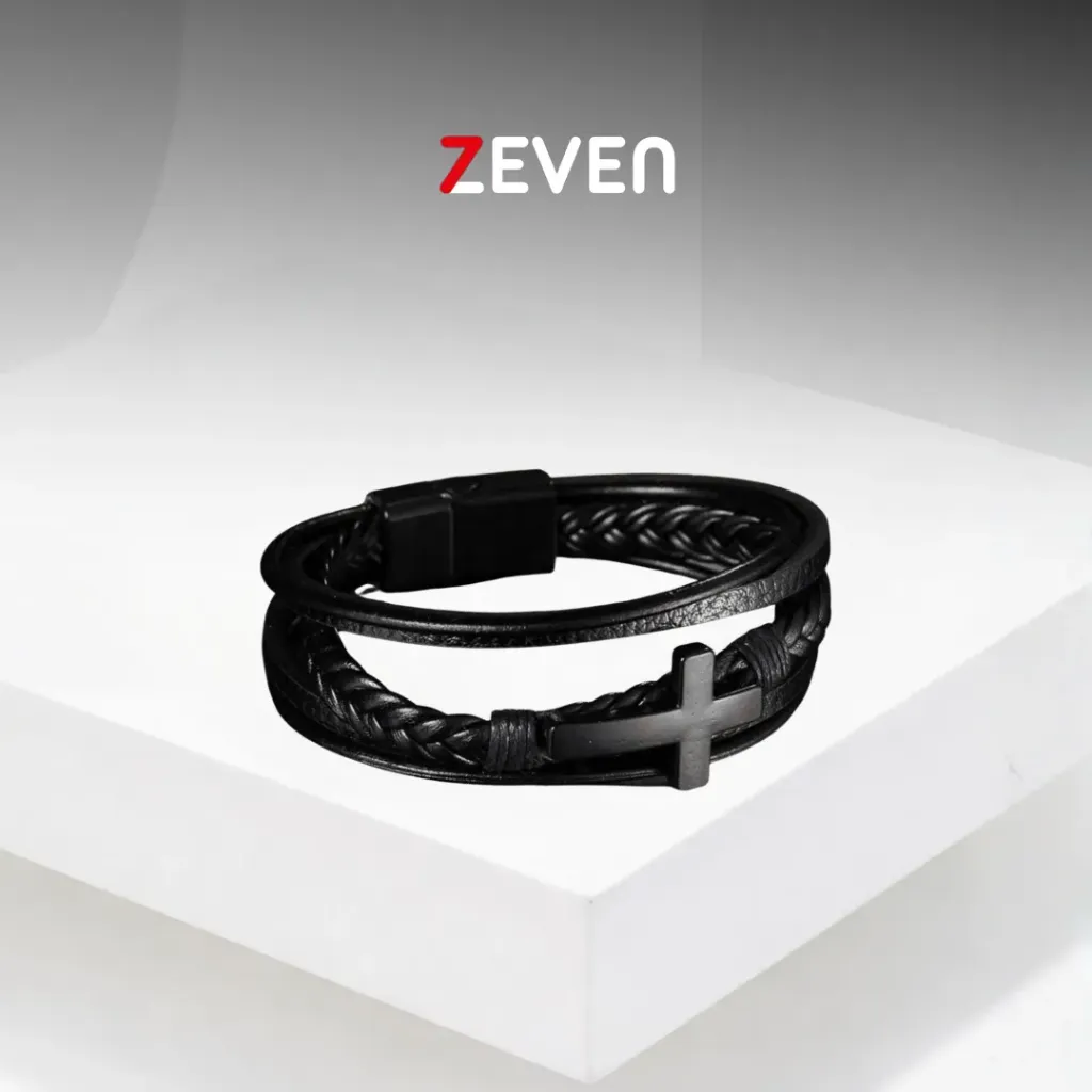Pulsera trenzada de cuero negro con dije de CRUZ grande