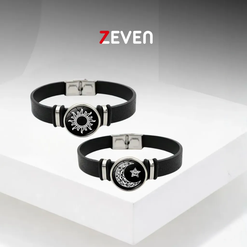[PZ040] Set de pulsera de silicón negro con dije de SOL y LUNA