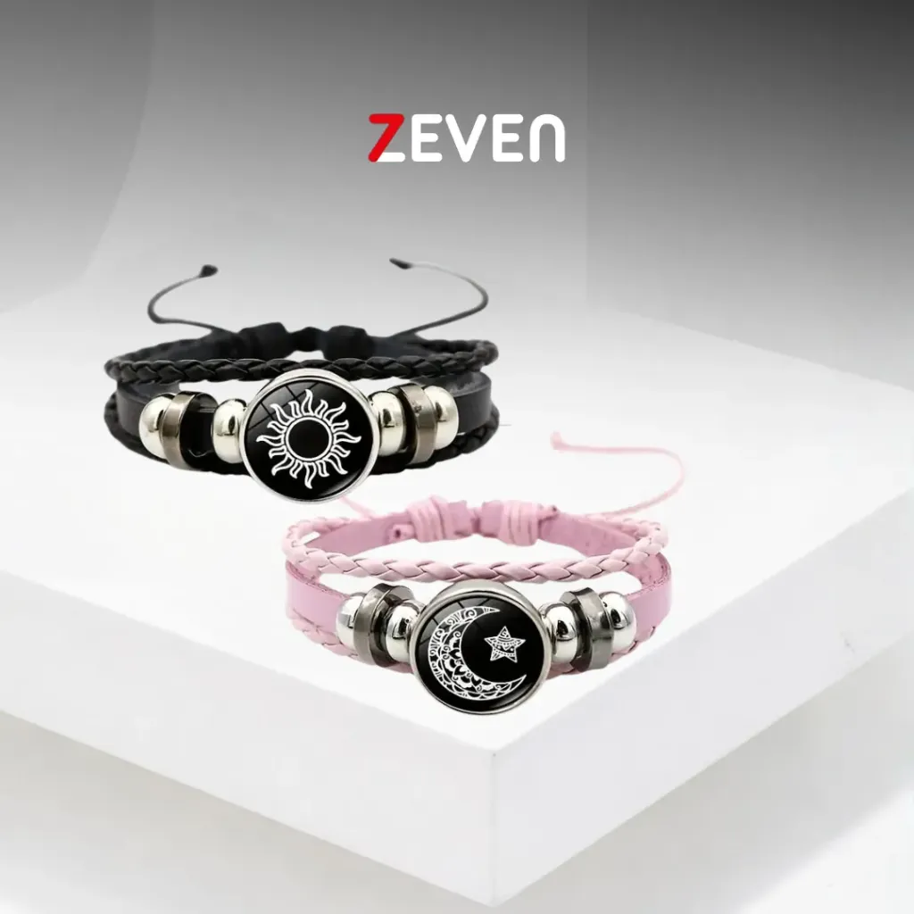[PZ041] Set de pulseras negro y rosa ajustable con dijes de SOL y LUNA