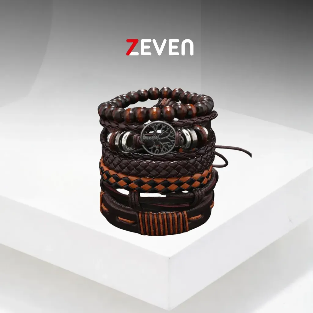 Pulsera Yggdrasil multicapa de cuero cafe