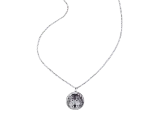 Collar con dije en forma circular con imagen de lobo