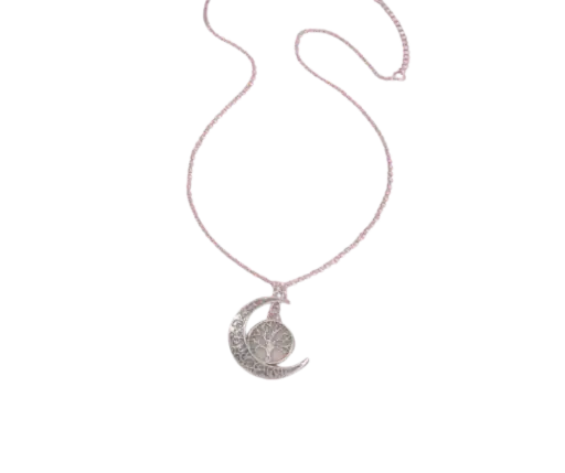 Collar con dije de luna con un árbol en su interior.