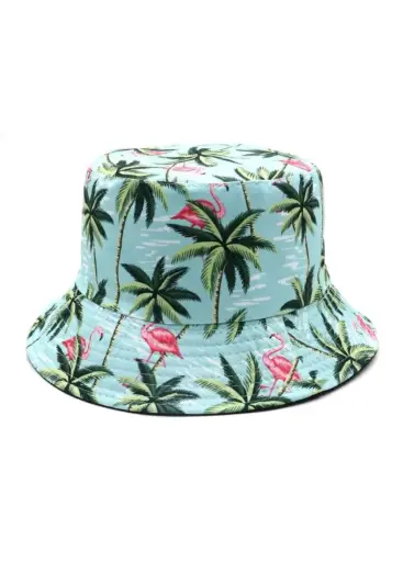 [SZL009] Sombrero de cubo reversible con diseño de cocoteros y flamencos
