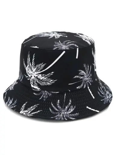 [SZL011] Sombrero negro de cubo reversible con estampado de palmeras